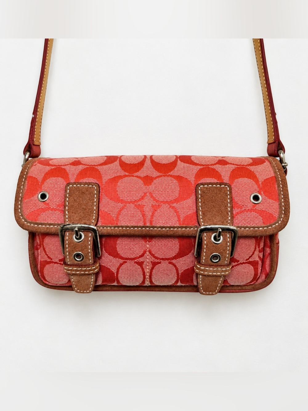 Vintage Y2K Coach Coral Signature Jacquard Crossbody with Brown Trim